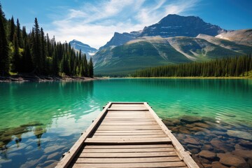 Beautiful Turquoise Lake with Wooden Dock and Mountains in Glacier National Park, British Columbia Vibrant Clear Blue Sky, Sunlight Reflecting on Water