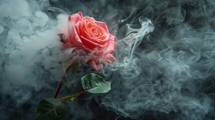 single pink rose with billowing smoke