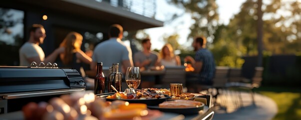 Group of friends having a barbecue party in a backyard with food, drinks, and outdoor relaxation on a sunny day.