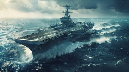 Futuristic Aircraft Carrier Design Sailing in Vast Open Sea with Modern Vehicle Styling Elements.