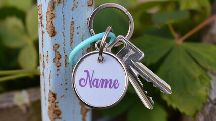 A white keychain with a charm that says "Your Name" in a pastel purple font. The keychain is attached to a white key with a pastel blue ring. 