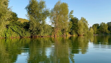 Serene Lake with Reflective Calm Waters and Verdant Forest Landscape on a Sunny Day
