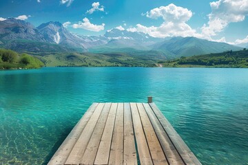 Beautiful Turquoise Lake with Wooden Dock and Mountains in Glacier National Park, British Columbia Vibrant Clear Blue Sky, Sunlight Reflecting on Water