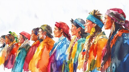 Naklejka premium Colorful Watercolor Painting of Diverse People . International Day of the World's Indigenous Peoples