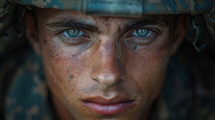 Intense Gaze of a Young Soldier in Camouflage Gear at Dawn on Military Base. Generative AI