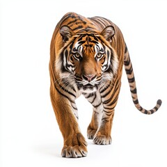 Naklejka premium Sumatran Tiger Walking Gracefully on White Background