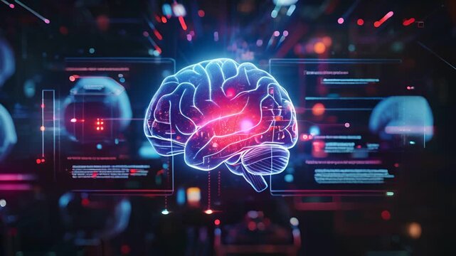 A glowing digital brain surrounded by data spheres, representing artificial intelligence and the power of technology.