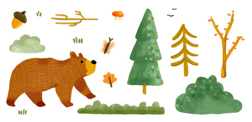 Watercolor Bear and Forest Elements Illustration. Woodland bear, mushrooms, pine trees, birch, berries, leaves. Hand-painted nature elements set with transparent background.