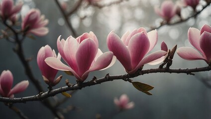 Pink magnolia petals on a lone branch