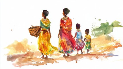 Fototapeta premium Traditional African Dance Celebration in Watercolor. Ethiopian New Year