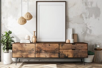 Wooden cabinet and blank poster on a white stucco wall interior design of a modern living room