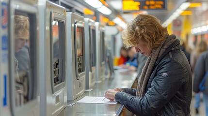 Woman Interacting With Ticket Machine at Urban Subway Station During Busy Morning Commute. Generative AI