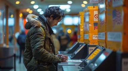 Man Filling Out Information at Self-Service Kiosk in Busy Urban Post Office During Afternoon. Generative AI