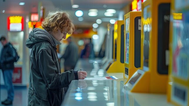 Young Person Writing at Ticket Counter in Busy Transportation Hub During Daylight Hours. Generative AI