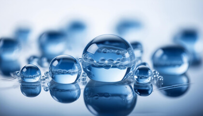 Abstract macro view of pure water molecule, crystalline blue spheres and delicate.