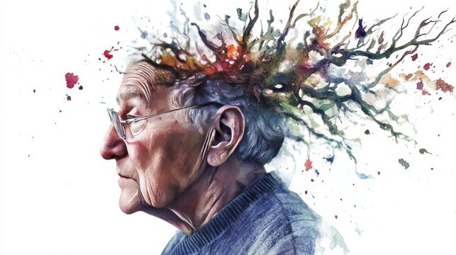 Creative Mind Concept: Elderly Man with Colorful Brain Illustration. World Alzheimer Month