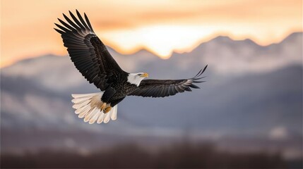 Obraz premium Majestic Eagle Soaring in the Sky with Scenic Mountain View