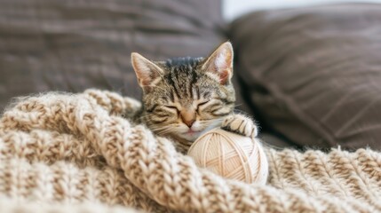 Cute Kitten Sleeping with Yarn Ball