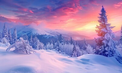 Stunning Winter Sunset Over Snow-Covered Mountains and Spruce Forest in the Wilderness