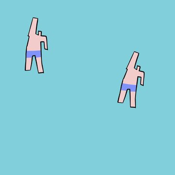  2 Personen mit blauer Badehose schwimmen um die wette. Ansicht von oben. abstrakter vektor comic stil. 