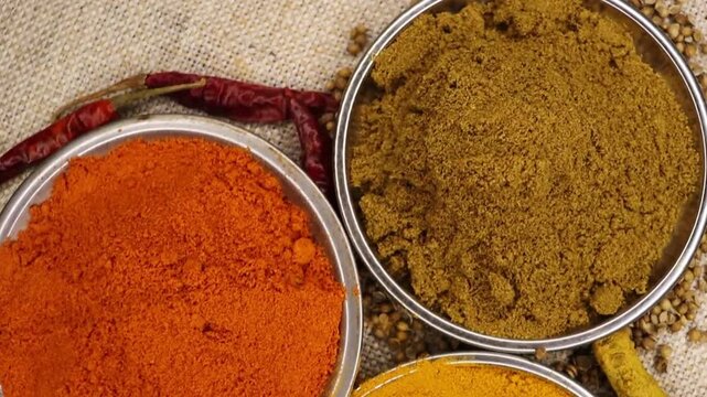 Pan shot of Indian spices. Assorted spices in bowl top view.  Africa Morocco India cuisine.  Spices for cooking turmeric, red chili, cumin and coriander powder.