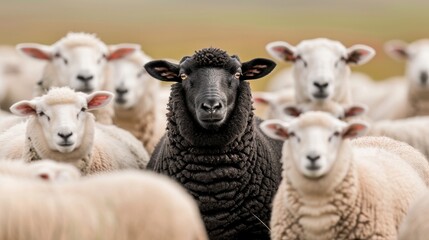 Fototapeta premium Standing Out from the Herd: Black Sheep Among White Sheep in Serene Meadow