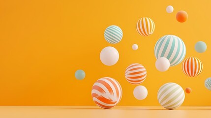 Obraz premium Colorful spheres with stripes floating against a vibrant orange background, adding a playful and uplifting atmosphere.