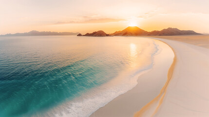 Paradise, a beautiful desert oasis background with turquoise lake, white sand, and clouds in the sky during sunrise or sunset