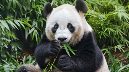 Naklejka premium Serene Panda Enjoying Bamboo Feast in Lush Forest