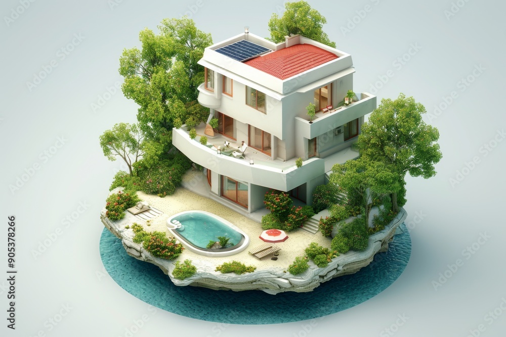 Poster innovative floating house model with integrated green spaces, symbolizing advanced eco-architecture 