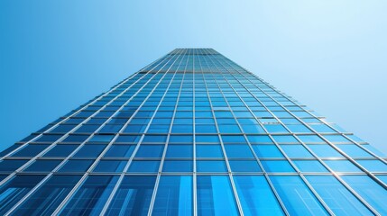 Fototapeta premium Urban Reflections: Modern Skyscraper with Reflective Glass Dominating Cityscape