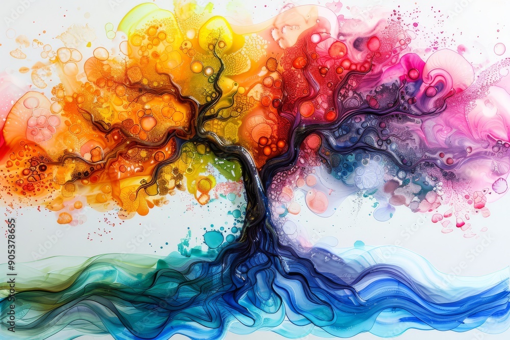 Poster a colorful abstract tree created with a fluid art style for enhanced artistic appeal