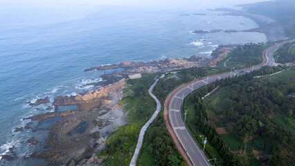 Aerial photography of Qingdao coastline island highway