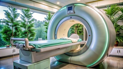 Demonstration of medical equipment, in the hospital premises, ultrasound, MRI, CT, X-ray machine, massage chair