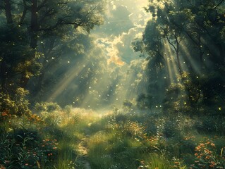 Enchanting Fairytale Forest with Sunlight Beams Streaming Through Lush Woodland Foliage