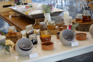 Various food served on a buffet line	