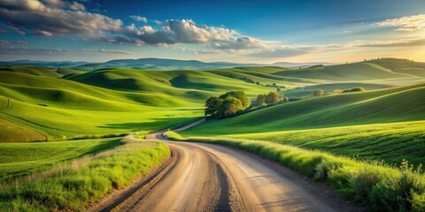 Scenic countryside landscape with winding dirt road through rolling green hills under clear sky, countryside