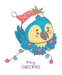 Cute Christmas Ara parrot in Santa hat with festive garland. Funny cartoon kawaii tropical bird character. Vector illustration. Merry Christmas holiday card. Kids collection