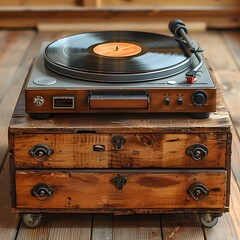 Obraz premium Nostalgic Vintage Vinyl Record Player with Classic Music Collection in Rustic Wooden Home Setting