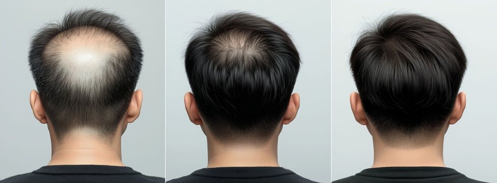Collage of 3 photos a man with a hair loss problem before and after treatment, anti-hair loss procedures, hair transplant, on a light blue background, collage. Appointment with a trichologist.
