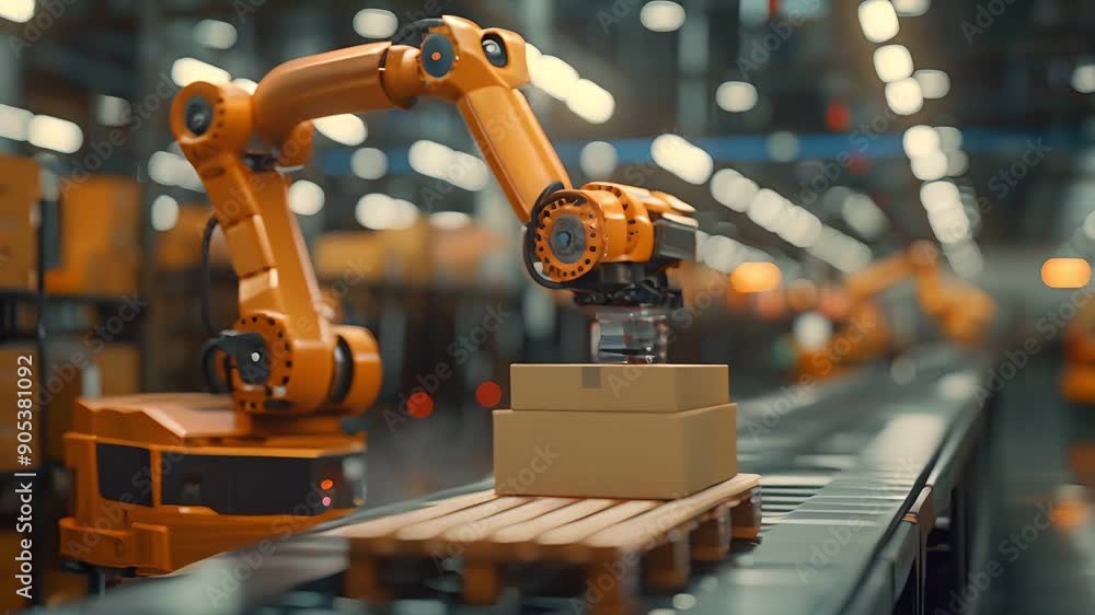 Poster a robotic arm operates on an assembly line, loading boxes onto a pallet. the arm is part of an autom