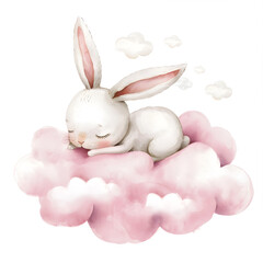 Light Pink rabbit bunny Sleeping in cloud watercolor cartoon illustration isolated on white background