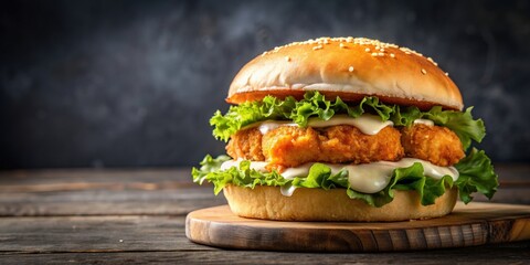 Crispy shrimp burger with breaded shrimp patties, spicy aioli, and lettuce on brioche bun, shrimp, burger, breaded