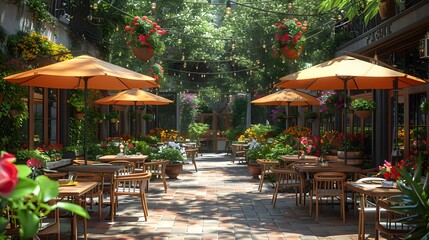 Obraz premium Charming European Caf with Colorful Outdoor Seating for Relaxing Dining Experience