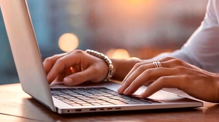  Close up of hands of man working typing on laptop keyboard, working in cafe, working online at office desk, online jobs, work from home, work from cafe, freelancing concepts