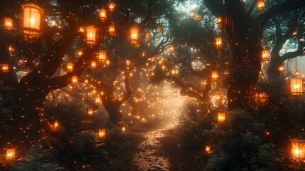 Fototapeta premium Enchanting Fairy Forest with Floating Luminous Lanterns and Twinkling Lights
