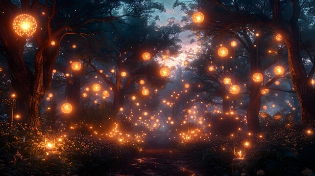 Enchanted Floating Lanterns in Whimsical Magical Forest Landscape