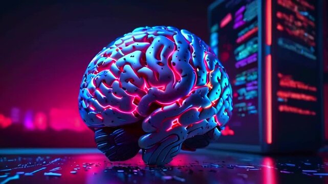 A 3D video of a human brain with glowing, pulsing, blue and red lights, in front of a computer screen with code.