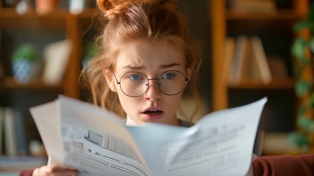 A young woman with wide eyes and an open mouth stares in shock at a piece of paper in her hands.