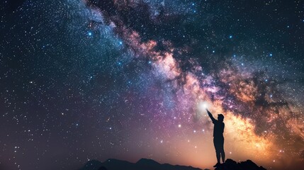 Person Standing Under Milky Way Galaxy Pointing at Bright Star at Night